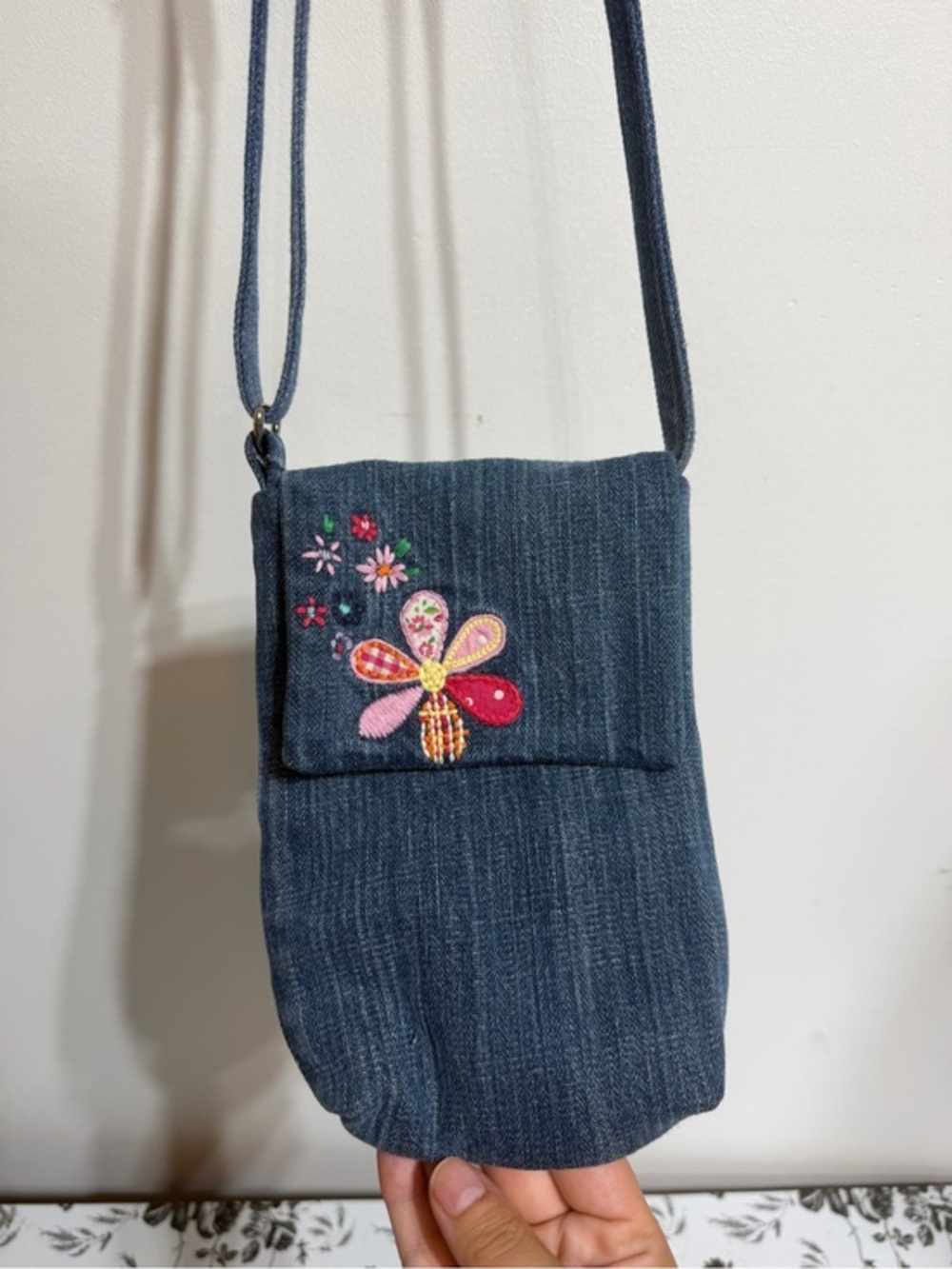 Upcycled Denim Crossbody Bag Handbag Purse Floral Embroidered Boho Y2K Cute